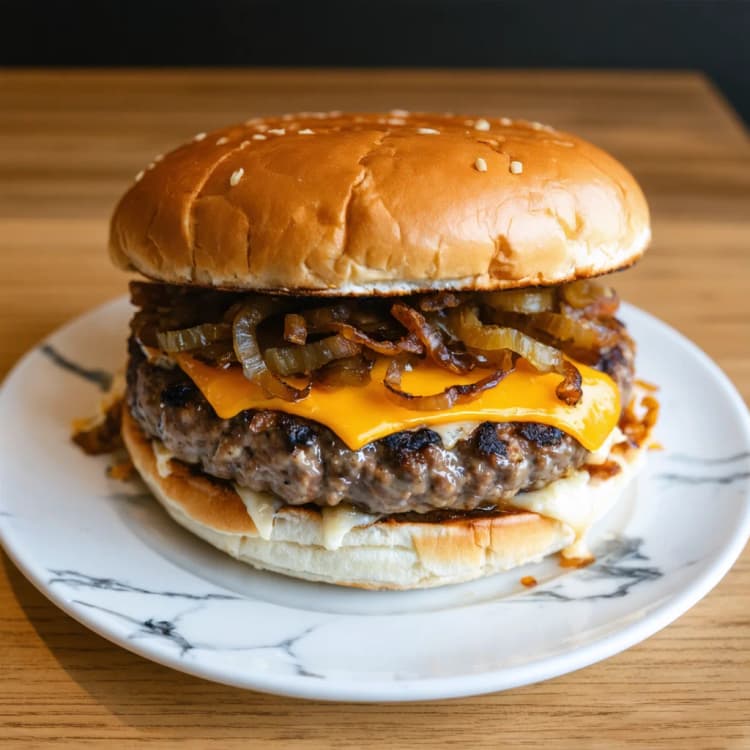 smash burger with cheddar and caramelized onions recipe photo