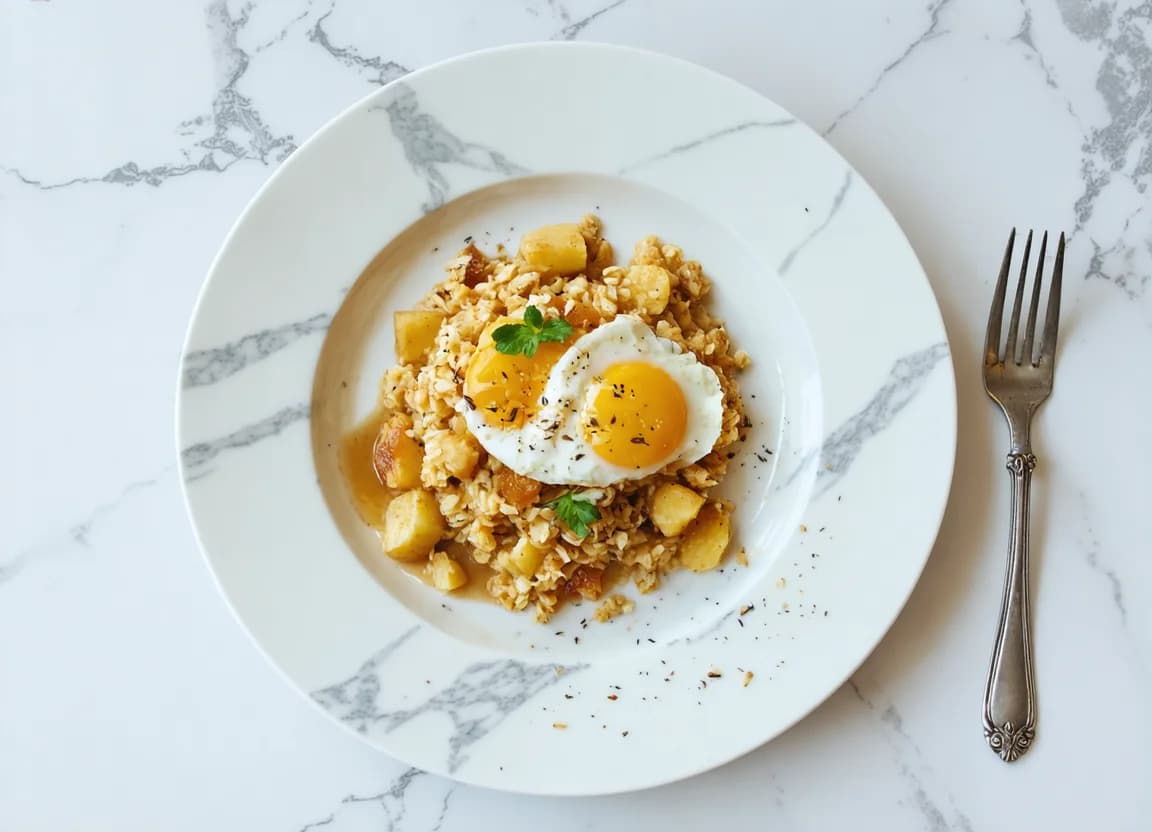Savory oatmeal scramble with eggs & applesauce